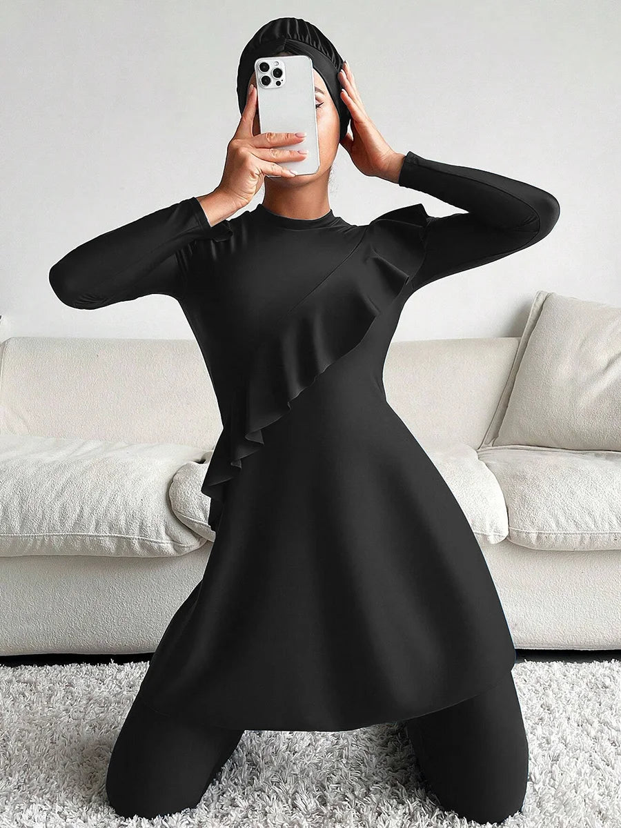 3 st Black Series Modest Burkini Femmes Muslimsk Baddräkt Badkläder Sommarstrand Dam Baddräkt Lotusbladskantdesign