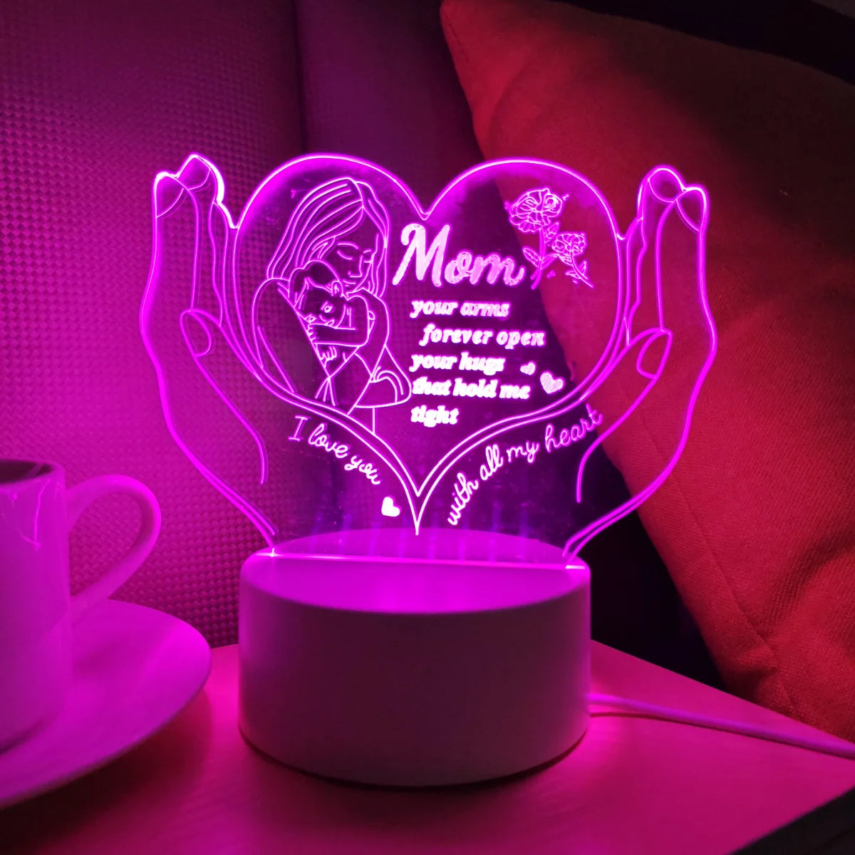 3D Nattlampa Kreativ Hjärtformad Bokstavslampa Presentlampa för Mamma Mors Dag Liten Presentlampa