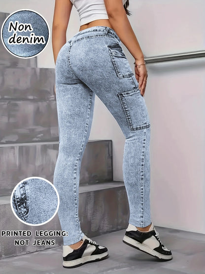 Modetryckta faux denim skinny byxor, hög midja elastisk höftlyftande magkontroll ytterkläder långa leggings