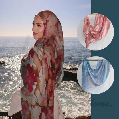 Lång sidenhalsduk för kvinnor i satin, moderiktig akvarell batiktryckt halsduk för dagliga hijab-huvudbonader