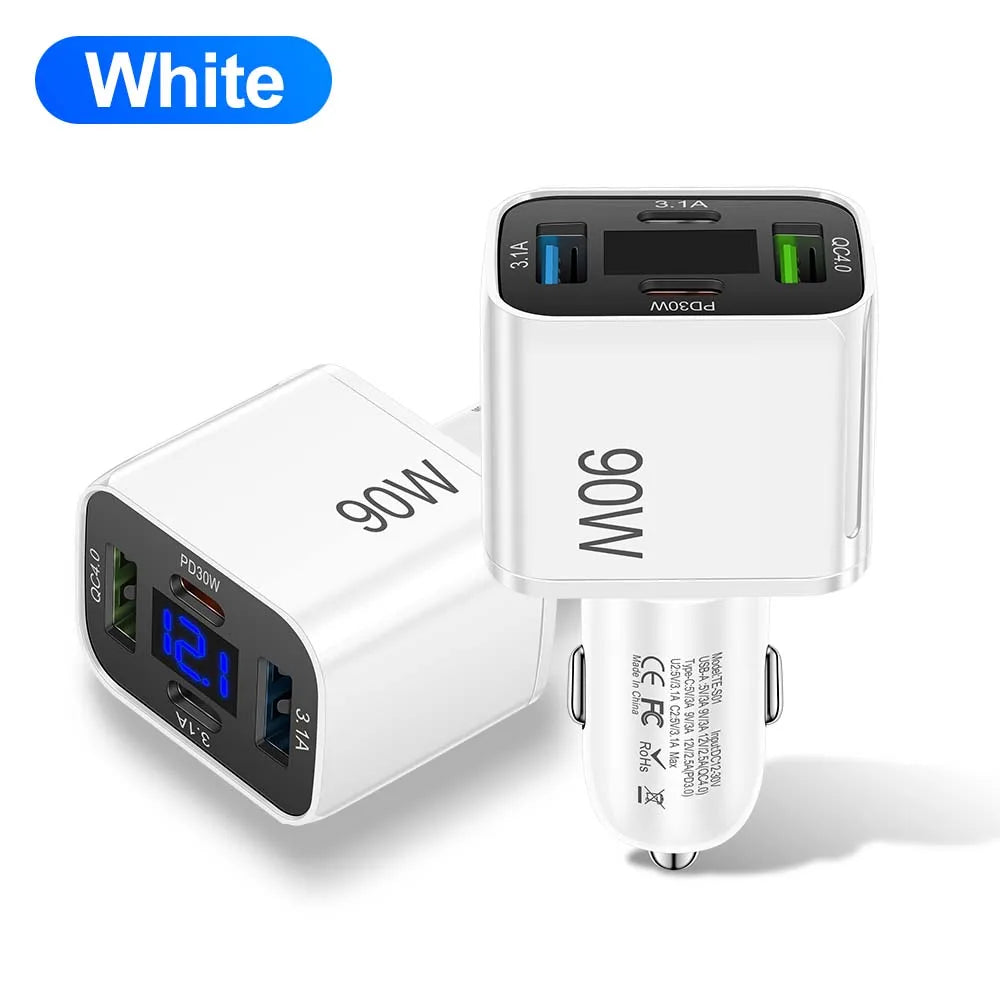 90W USB-billaddare 3-4 portar PD typ C snabbladdningsadapter för iPhone 14 13 Xiaomi Samsung snabbladdare i bilen