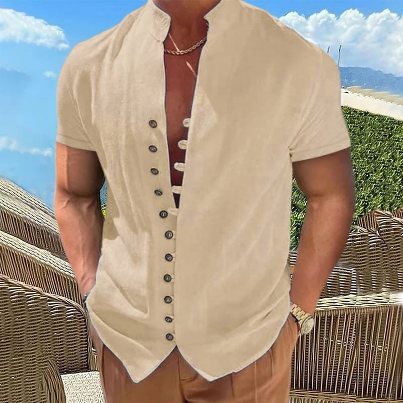 Sommar Kortärmade Skjortor För Herr Vita Formella Skjortor Sociala Kläder Casual Bomull Linne Toppar Strandblusar Herrkläder