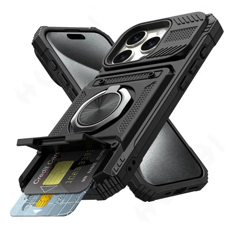 Militärkvalitetsskal för iPhone 11 13 14 15 16 Pro Max Magnetiskt roterande ringstativ Robust fallskyddande plånboksfodral