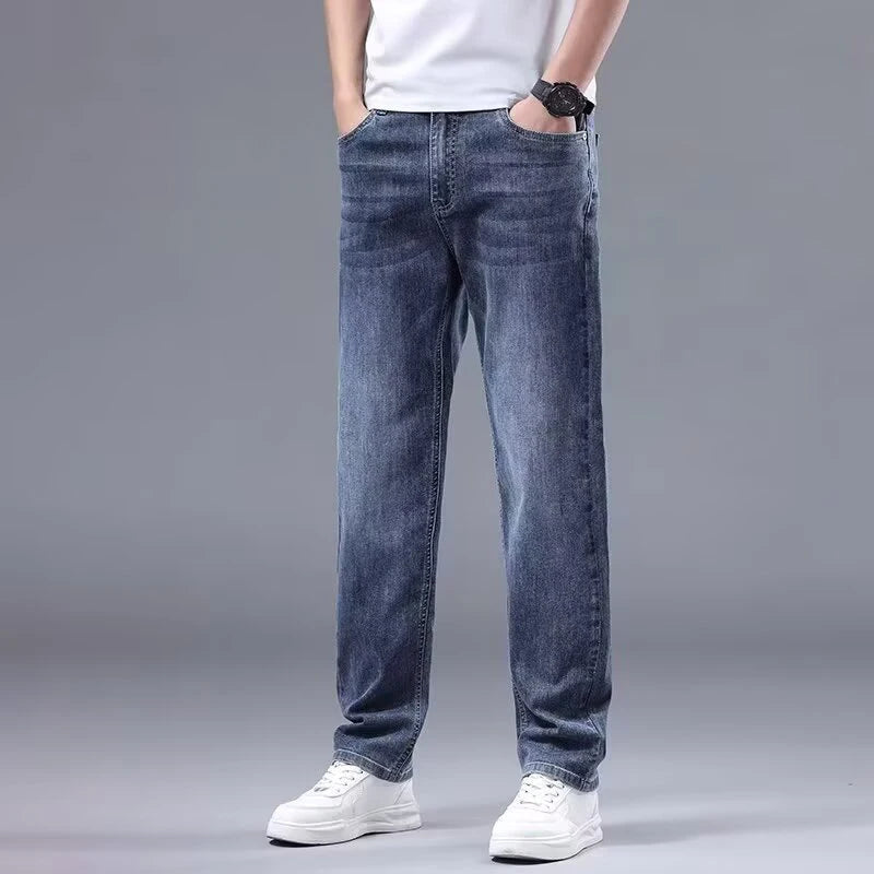 Vår Höst Herr Baggy Hög Midja Jeans Herrmode Casual Plus Size Byxor Klassiska Stretchiga Raka Ben Denimbyxor