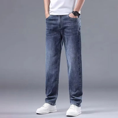 Vår Höst Herr Baggy Hög Midja Jeans Herrmode Casual Plus Size Byxor Klassiska Stretchiga Raka Ben Denimbyxor