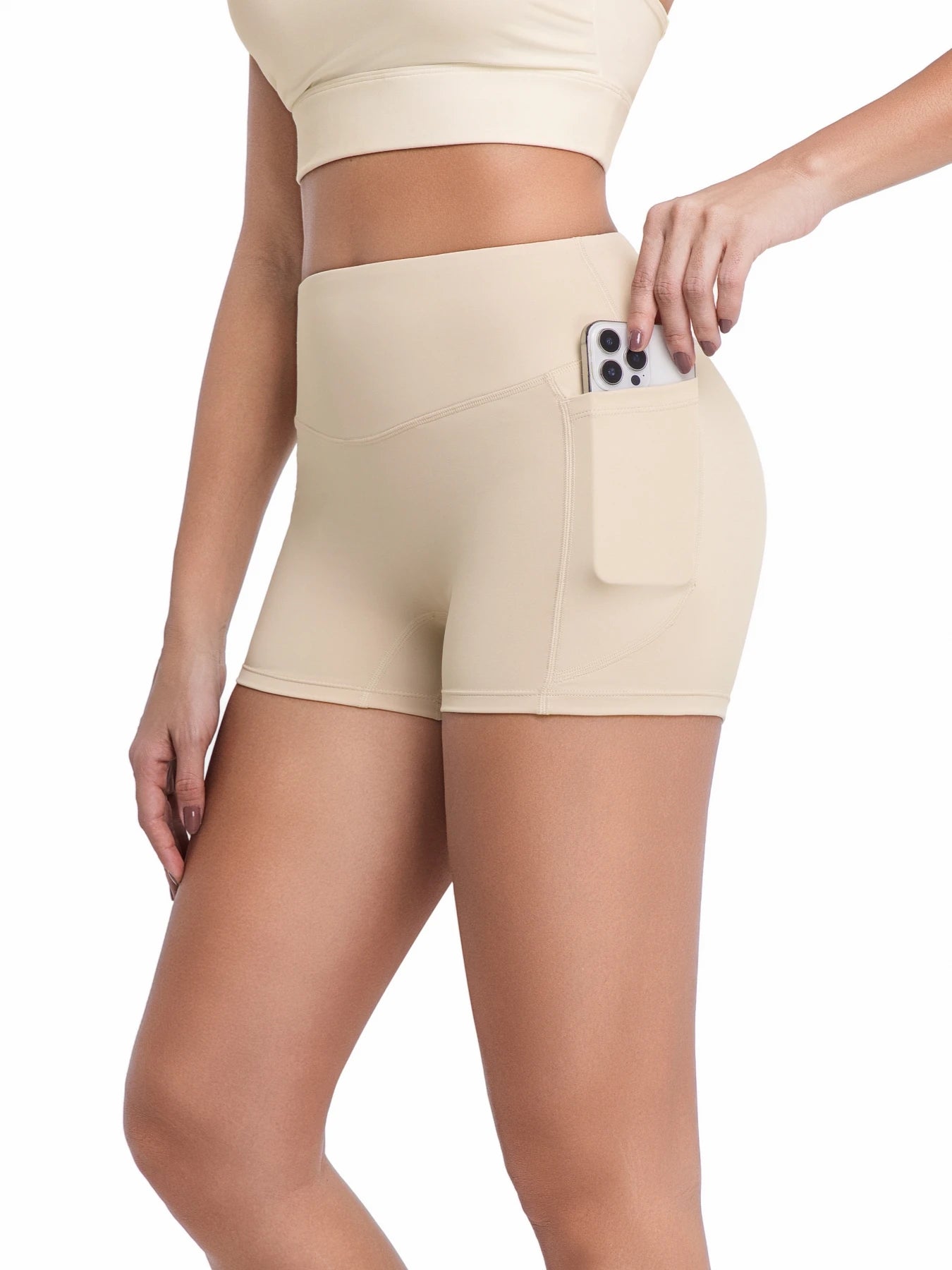 Yogashorts med hög midja och fickor för kvinnor, 7,5 cm mjuka biker-shorts med naken känsla, magkontroll och rumplyftande träning