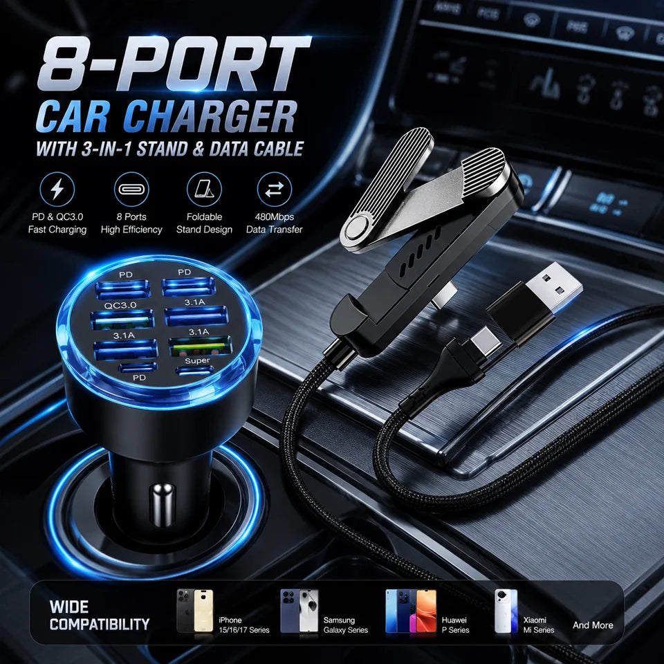 8-portars billaddare med 3-faldigt stativdatakabel, PD QC3.0 snabbladdningsadapter för USB C-biltelefon för iPhone 17 16 Samsung