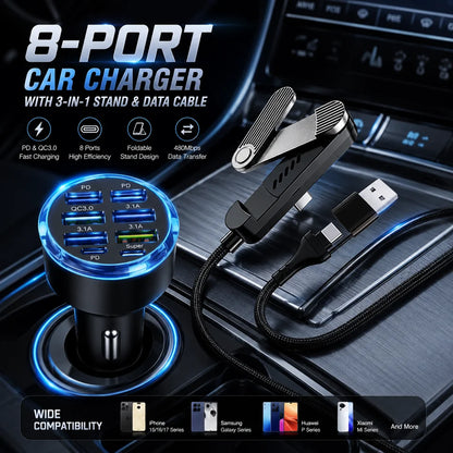 8-portars billaddare med 3-faldigt stativdatakabel, PD QC3.0 snabbladdningsadapter för USB C-biltelefon för iPhone 17 16 Samsung