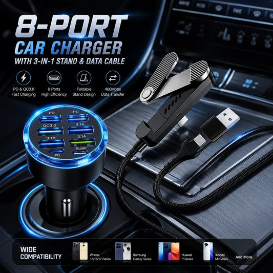 8-portars billaddare med 3-faldigt stativdatakabel, PD QC3.0 snabbladdningsadapter för USB C-biltelefon för iPhone 17 16 Samsung