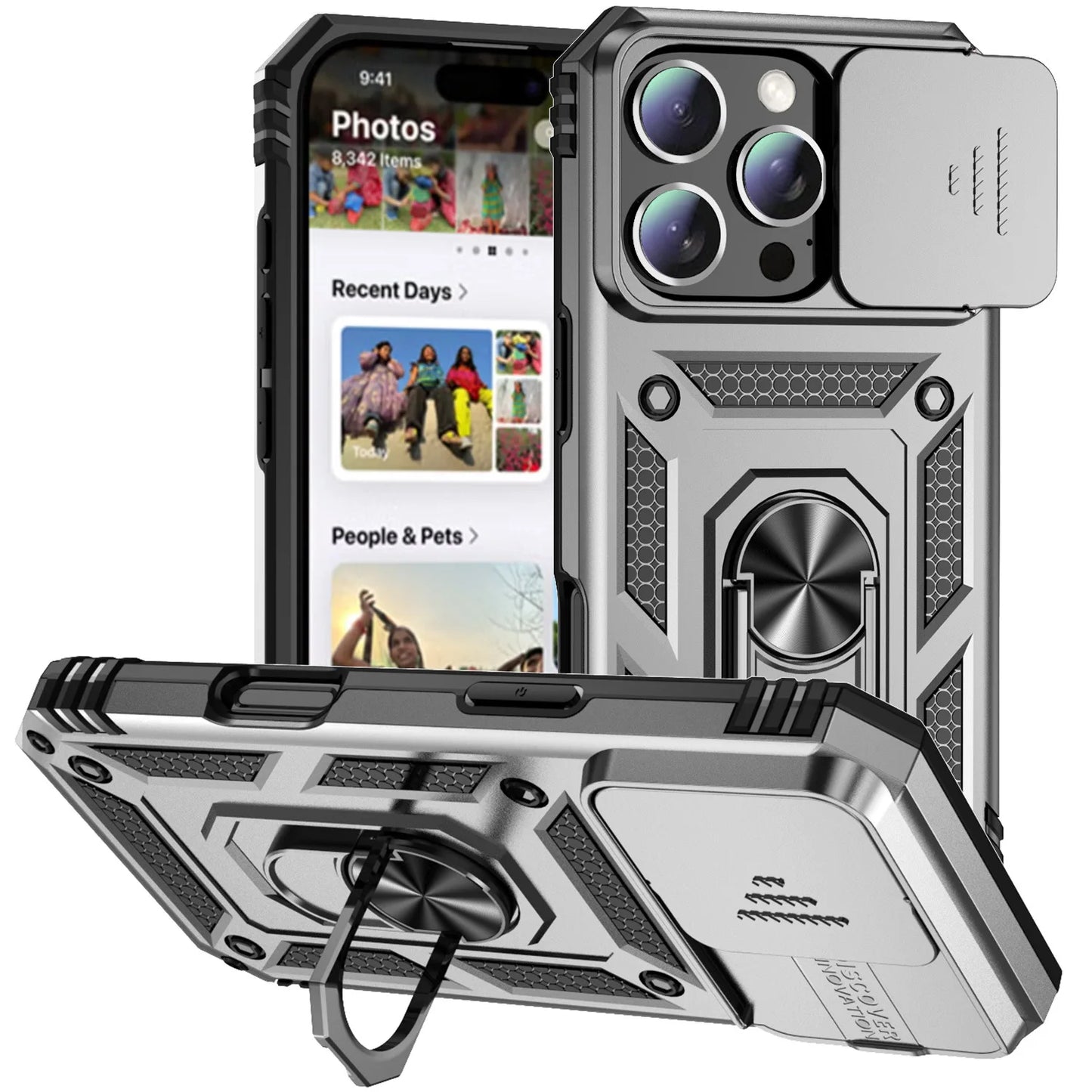 Ringstativ Roterande Skjutkameralins Militärklassat Pansarskal för iPhone 17 16 E 14 13 12 11 15 Pro Max Plus Mini Skal