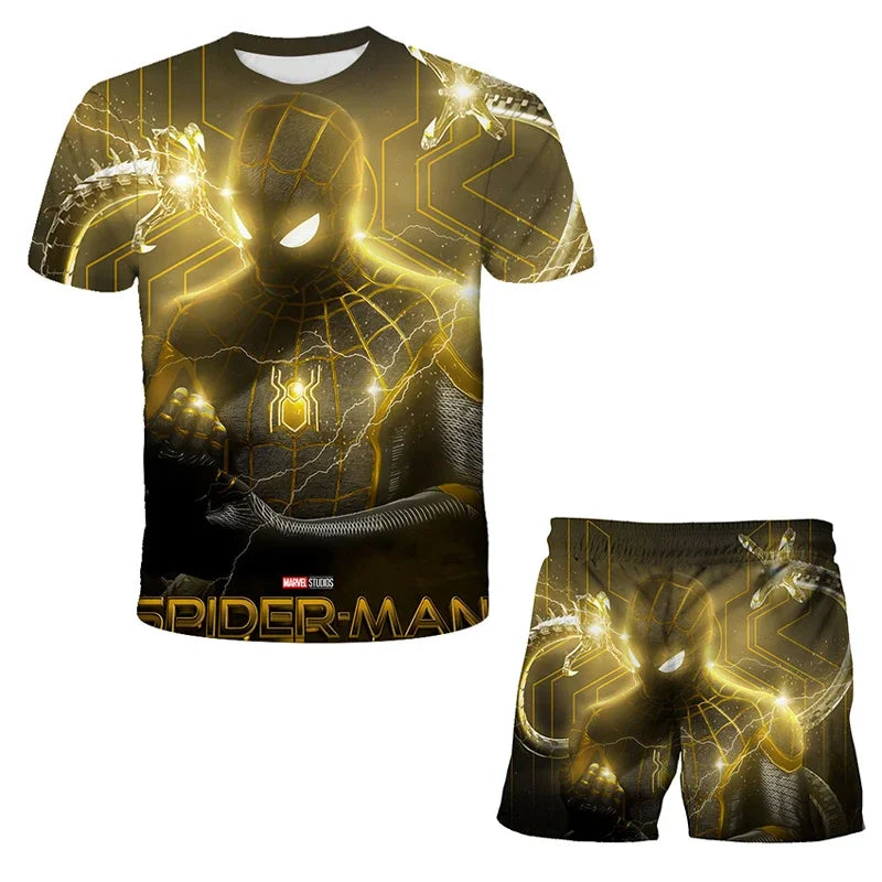 Kids Unisex Marvel Tshirt Set Summer Game Print Superhero Clothes Hulk Iron Man Short Sleeve Pants 2 Piece
