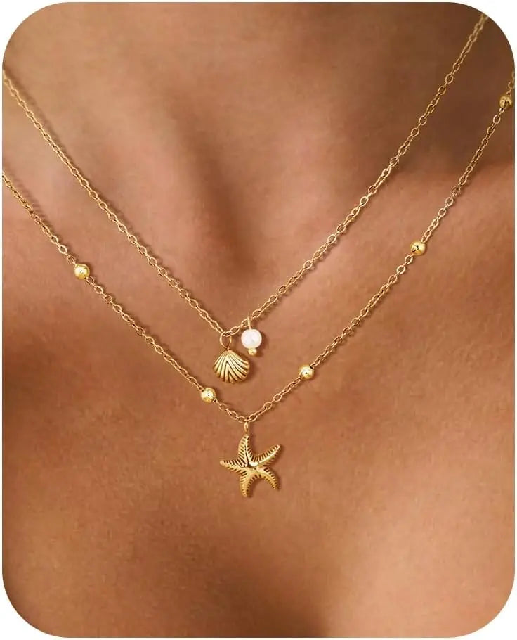 Halsband för kvinnor, 14k guldpläterat rostfritt stål, lager av sjöstjärna, snäckskal, pärlberlock, sommarstrandsmycken