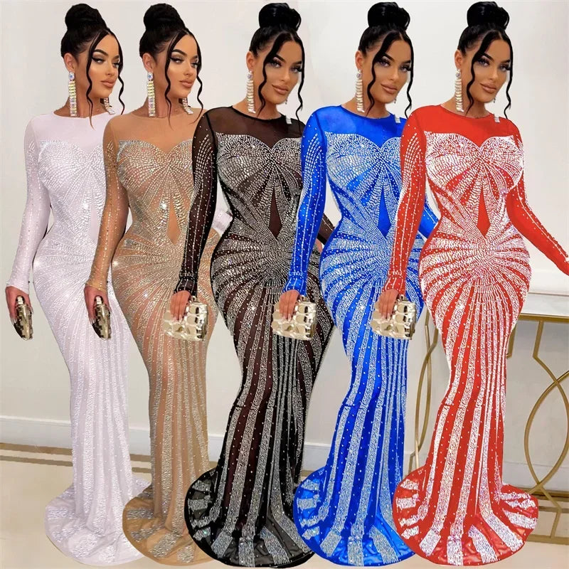 Lyxig glittrande kristall strass sjöjungfru aftonklänning för kvinnor festklänning nattklubb mesh transparent bodycon maxiklänning elegant