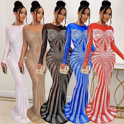 Lyxig glittrande kristall strass sjöjungfru aftonklänning för kvinnor festklänning nattklubb mesh transparent bodycon maxiklänning elegant