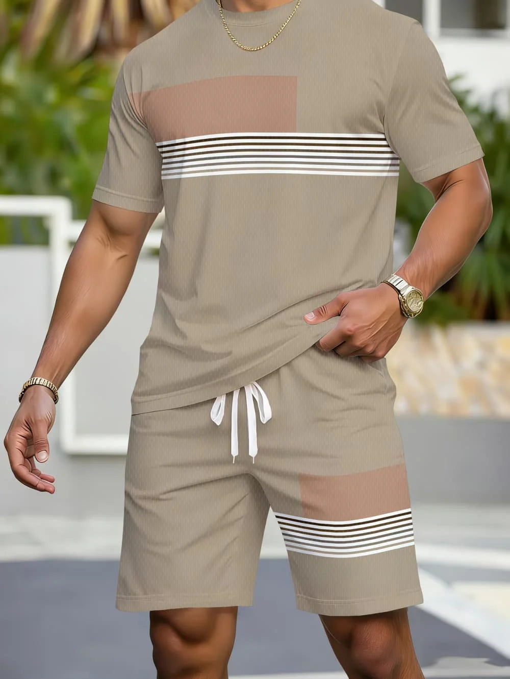 Avslappnad randig mönstrad t-shirt shorts set stor storlek lös herr kortärmad t-shirt med elastisk midja shorts 2-delat set sportkläder