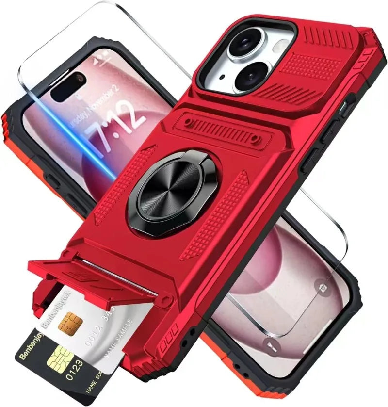 Militärkvalitetsskal för iPhone 11 13 14 15 16 Pro Max Magnetiskt roterande ringstativ Robust fallskyddande plånboksfodral