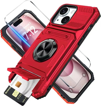 Militärkvalitetsskal för iPhone 11 13 14 15 16 Pro Max Magnetiskt roterande ringstativ Robust fallskyddande plånboksfodral