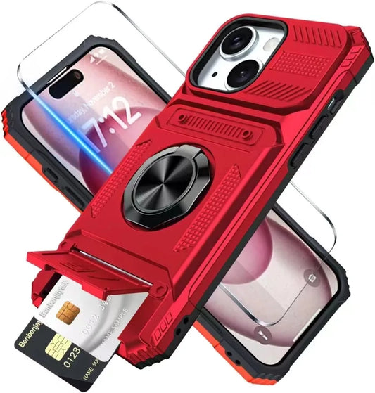 Militärkvalitetsskal för iPhone 11 13 14 15 16 Pro Max Magnetiskt roterande ringstativ Robust fallskyddande plånboksfodral