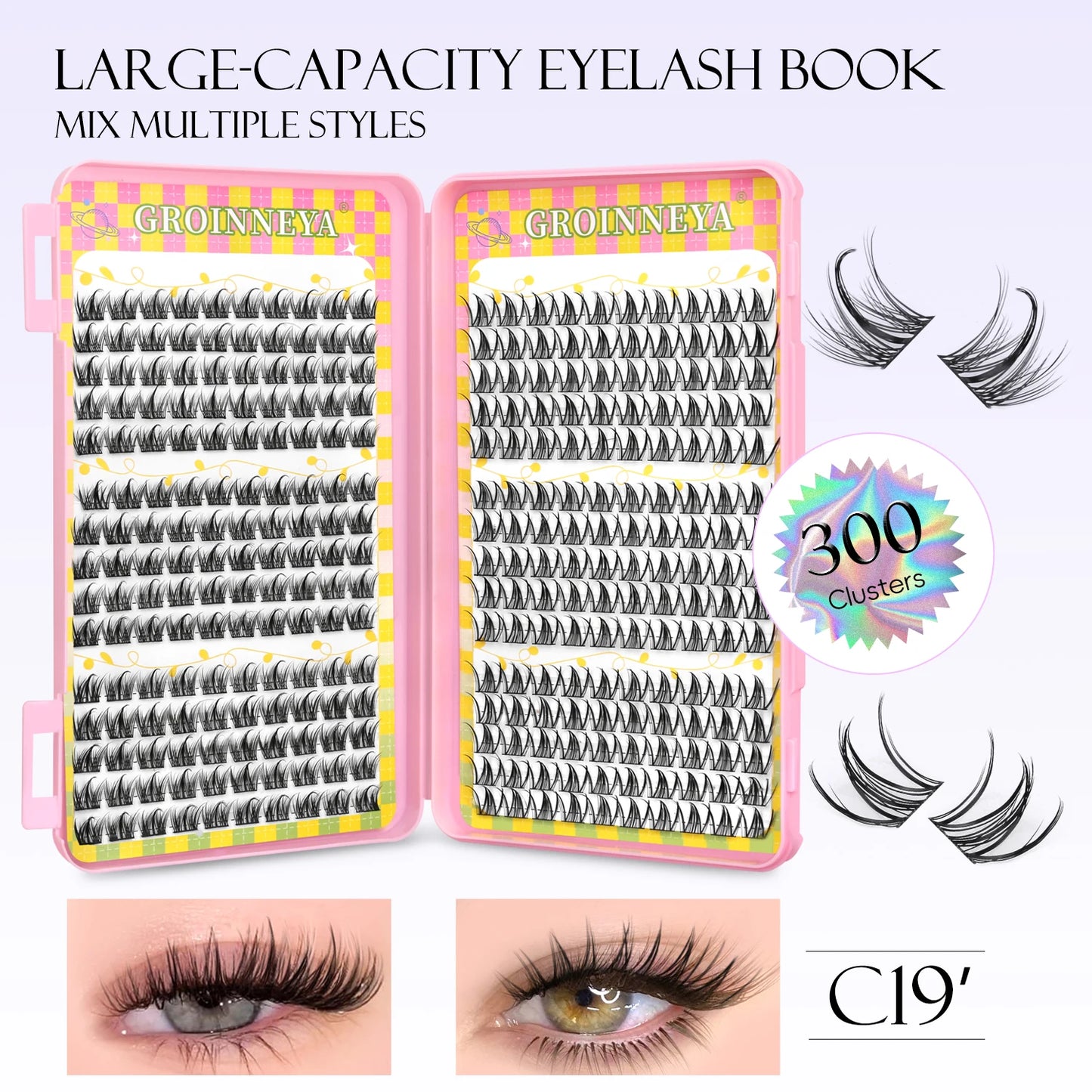 GROINNEYA Ögonfransar Kluster 320 st Naturlig Ögonfransförlängning Klusterfransar Volym Blandade Tray Lashes Kluster Naturliga Fransar