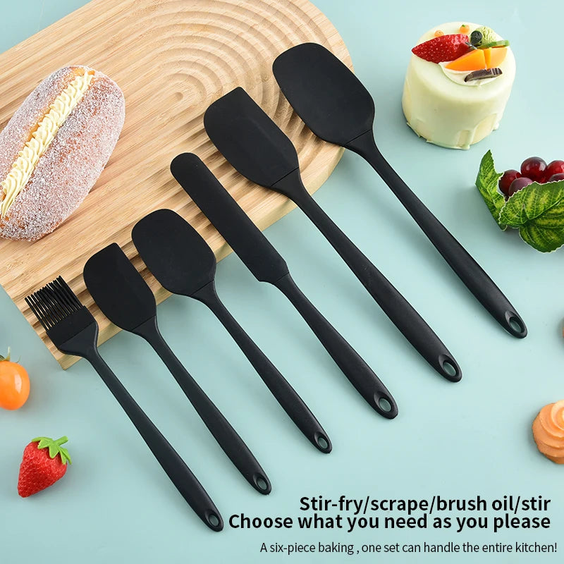 Silikon köksredskap 6-delars set, gräddskrapa, spatel, oljeborste, storleksskrapa set bakverktyg, icke-integrerat handtag