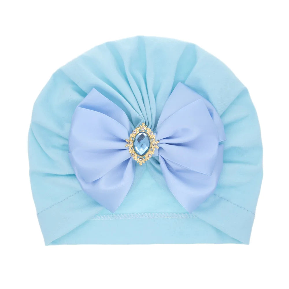 Enfärgad Baby Turban Rosett Bling Strass Spädbarnsmössor Flicka Mössa Mode Handgjord Band Rosett Indisk Mössa Mjuk Huva 0-2År