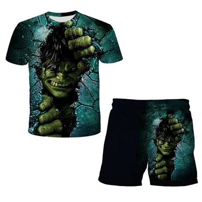 Kids Unisex Marvel Tshirt Set Summer Game Print Superhero Clothes Hulk Iron Man Short Sleeve Pants 2 Piece