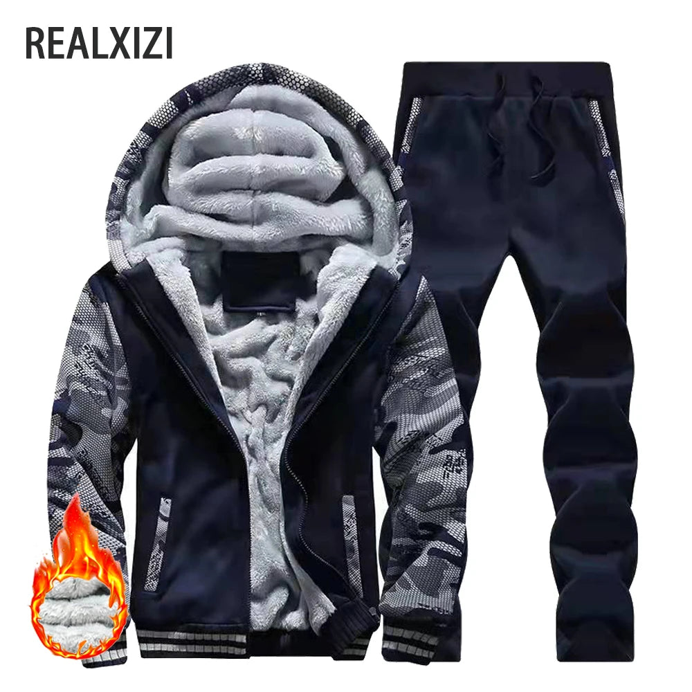Herrvinterjackor Tjock Varm Jacka Märkes Sportkläder Kappa Byxor Enfärgad Fleece Dragkedja Huva Långärmad Herr Ytterkläder