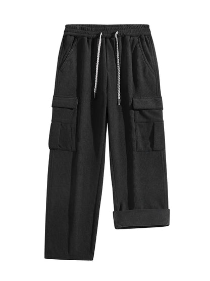 Vinter Corduroy Sweatpants Herr Flerfickor Fleecefoder Stickade Cargobyxor Tjockare Varma Casual Lösa Raka Herrbyxor