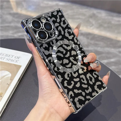Lyxigt guldskal med leopardmönster och stötskydd för iPhone MagSafe Magnetic 13, 14, 15, 16 Pro Max, Plus, 17 och Air – skyddsfodral
