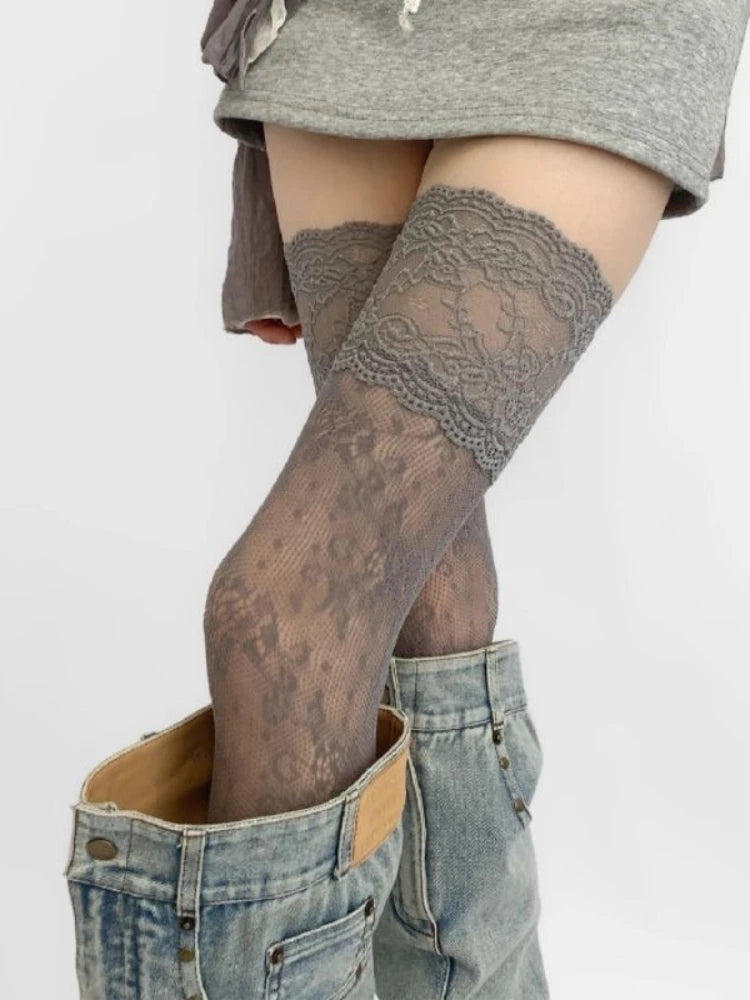 Sexiga nätstrumpor med spetsdetaljer i nylon för kvinnor, retroblommiga, söta mesh-strumpor, andningsbara, lårhöga, långa strumpor, JK-strumpor över knäet