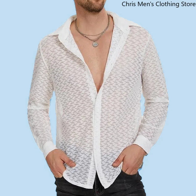 [Vår/Sommar Nyhet] Trenden med ihålig mesh, nattklubb, fest, casual, herrskjorta, sexig spetsperspektiv, långärmad skjorta för män
