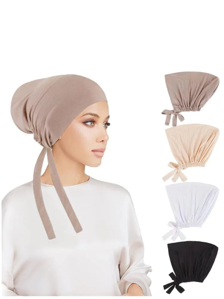 Muslimska Kvinnor Inner Hijab Mössor Stretch Justerbar Elastisk Bonnet Knytband Jersey Kvinnlig Huvudbonad Turbante Mujer