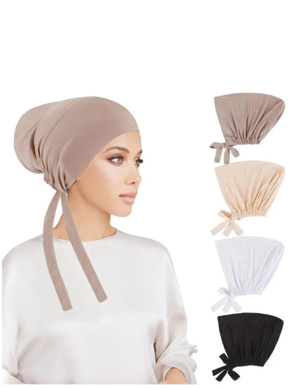 Muslimska Kvinnor Inner Hijab Mössor Stretch Justerbar Elastisk Bonnet Knytband Jersey Kvinnlig Huvudbonad Turbante Mujer