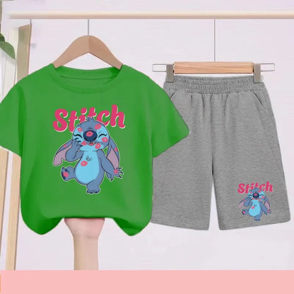 Disney Casual Children's Fashion Set T-shirt+ Shorts 2 Piece Stitch  Print  Boys Girls 3-12 Years Sports Coat Trend Party Sets