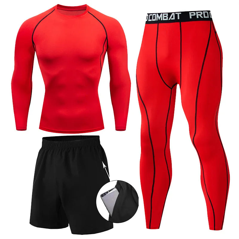 Herr 2/3-delars set boxningsdräkt rashguard herrkit MMA kompressionskläder herr långärmad t-shirt + leggings träningsdräkt sportdräkt