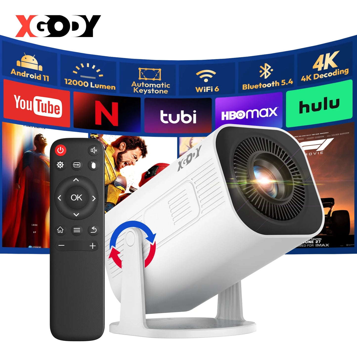 XGODY 4K 1080p LED-projektor med 12000 lumen ljusstyrka, WiFi 6 Bluetooth 5.0 bärbart hemmabiosystem för underhållning