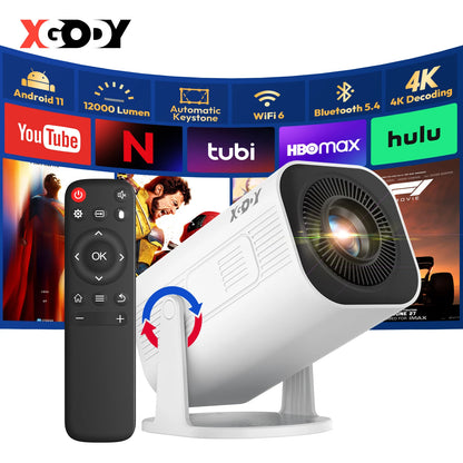 XGODY 4K 1080p LED-projektor med 12000 lumen ljusstyrka, WiFi 6 Bluetooth 5.0 bärbart hemmabiosystem för underhållning
