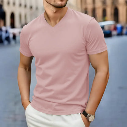 2025 Ny Herr Casual Mode Enkel V-ringad Kortärmad T-shirt Sommar Bekväm Andningsbar Mångsidig Topp