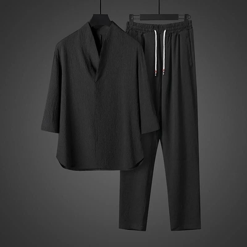 2025 Sommar Ny Modetrend Enfärgad Issiden Andningsbar Tvådelad Herr Fritids Lös Sport Plusstorlek Högkvalitativ Kostym
