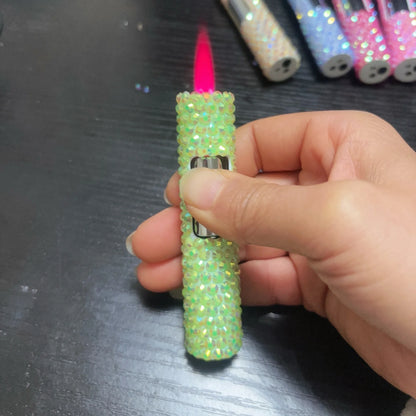 Lyxig mini uppblåsbar tändare med strass, vindtät metall, rosa låga, bärbar tändare för män och kvinnor, små verktyg