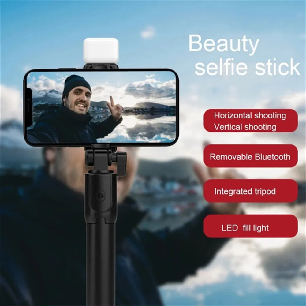 Bärbar Bluetooth Selfie Stick Tripodhållare med fjärrkontroll, fyllnadsljus, utdragbar trådlös fjärrkontroll, infällbar telefonstativ