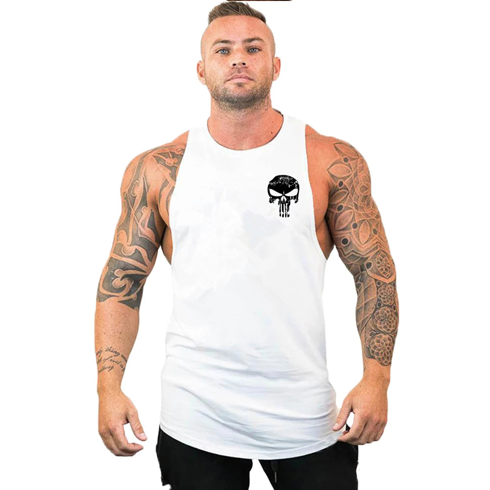 Ny het rea herrlinne med dödskalletryck, andningsbart linne, coolt linne, löpartröja i bomull, bodybuilding-linne, fitness-tröja, ärmlös