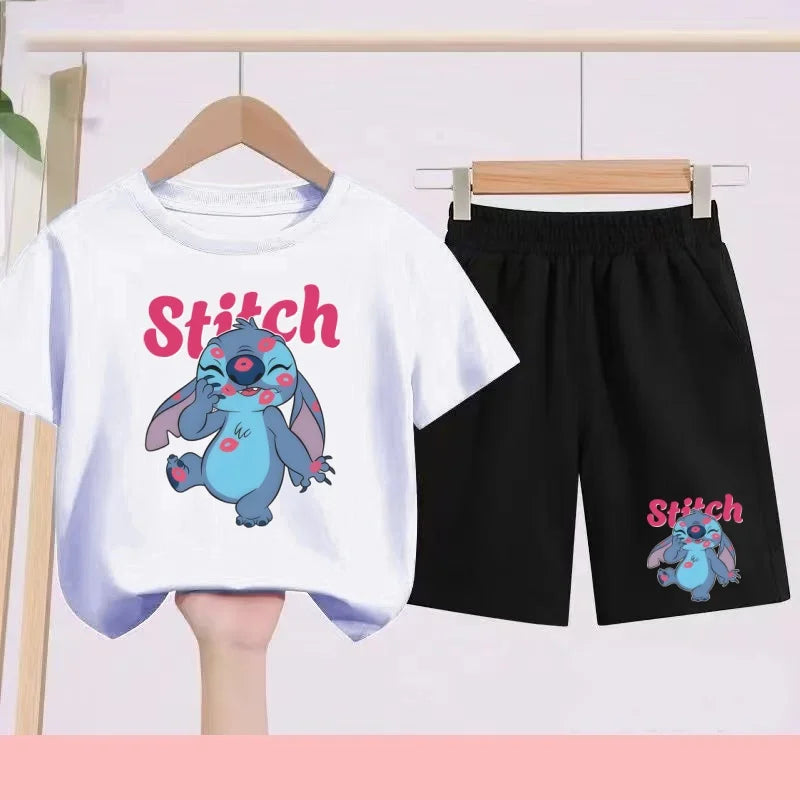 Disney Casual Children's Fashion Set T-shirt+ Shorts 2 Piece Stitch  Print  Boys Girls 3-12 Years Sports Coat Trend Party Sets