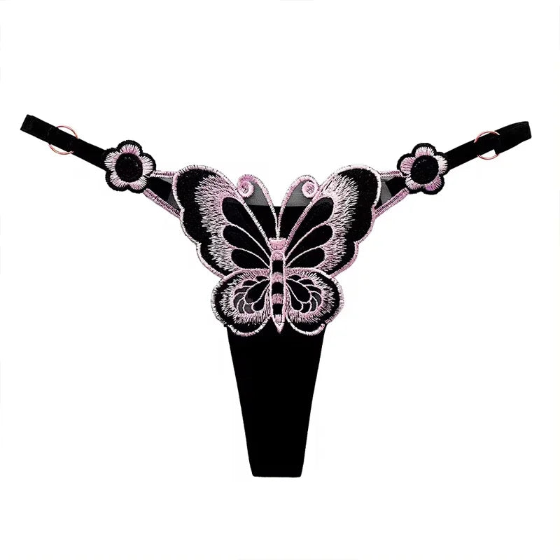 Fjärilsspetsstringtrosor för kvinnor Låg midja G-stringtrosor Transparenta meshtrosor Sexiga broderade trosor Justerbar midja Culotte Femm