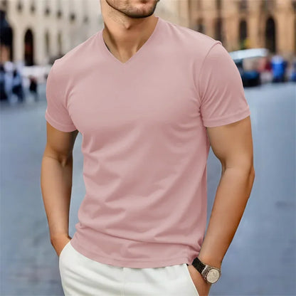 2025 Ny Herr Casual Mode Enkel V-ringad Kortärmad T-shirt Sommar Bekväm Andningsbar Mångsidig Topp