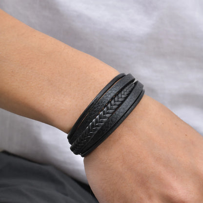 Flerskiktade flätade reparmband för män, klassiskt handgjort PU-läderarmband med magnetiskt spänne, trendiga punksmycken