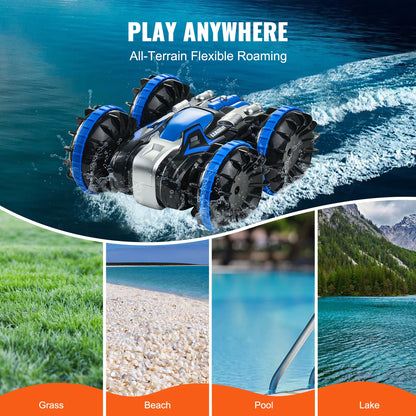 SucceBuy Blå/Gul Amfibisk RC Bil Båt 2.4GHz 12 km/h Elektrisk Fjärrkontroll 360° Roterande Stuntbil Vatten Strand Poolleksaker