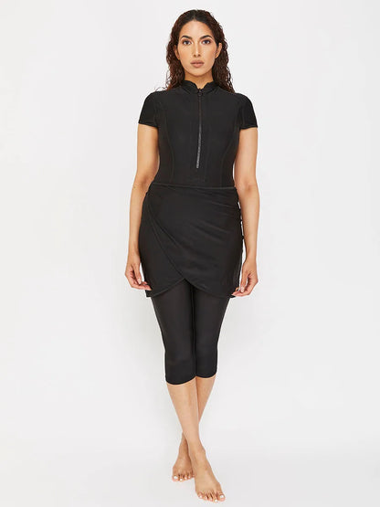 3 st Black Series Modest Burkini Femmes Muslimsk Baddräkt Badkläder Sommarstrand Dam Baddräkt Lotusbladskantdesign
