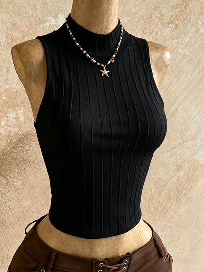 Women Caramel Brown Ribbed Knit Mock Neck Sleeveless Crop Top Casual Slim Fit Form Fitting Tank Top For Daily Wear Streetwear &