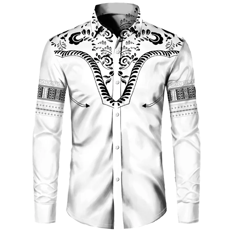 Afrikanskt Dashiki-tryck Herrskjortor med nedfällbar krage och knappar Långärmade Toppar Kläder Etnisk Stil Streetwear Kläder Skjorta